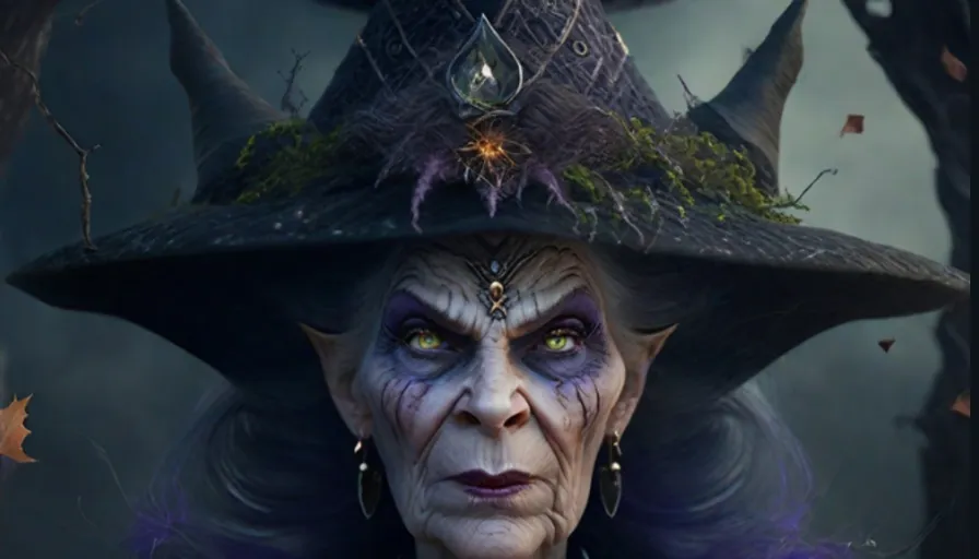 a woman in a witches hat with a creepy look on her face