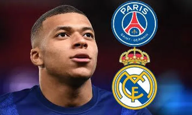 a close up of a kylian mbappe with real madrid and PSG logo