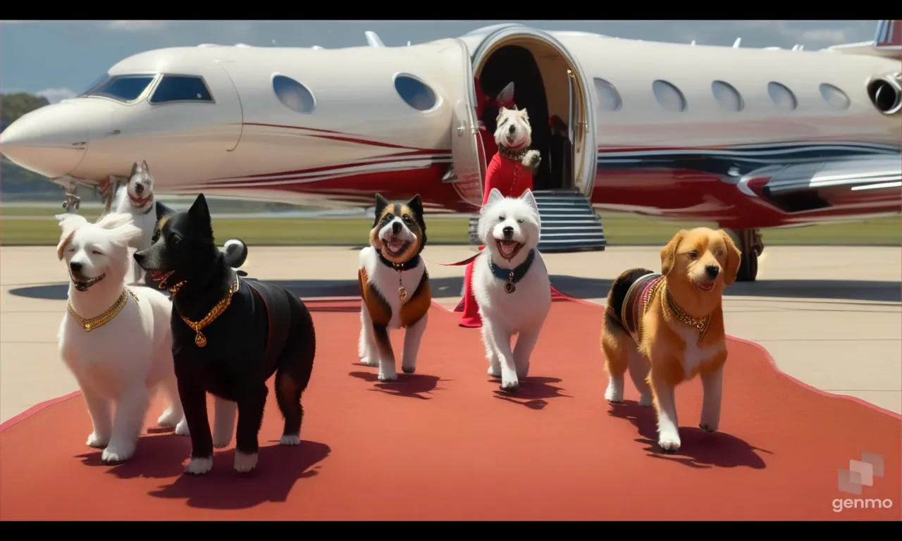 a group of dogs that are standing in front of a plane walking 