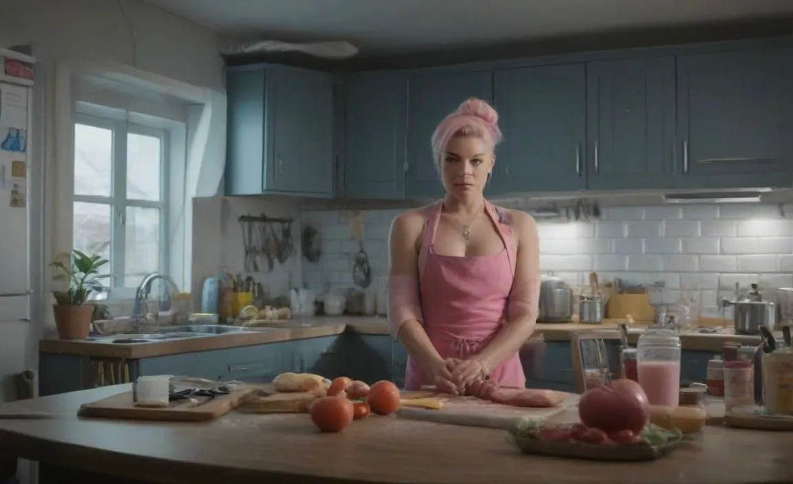 Full body portrait of a Hyper realistic and detailed P!nk in the kitchen being a housewife making food for the kids, professional studio lighting, stunning facial expression, beautyshot, octane render, 8k, intricate and detailed, beautiful woman,