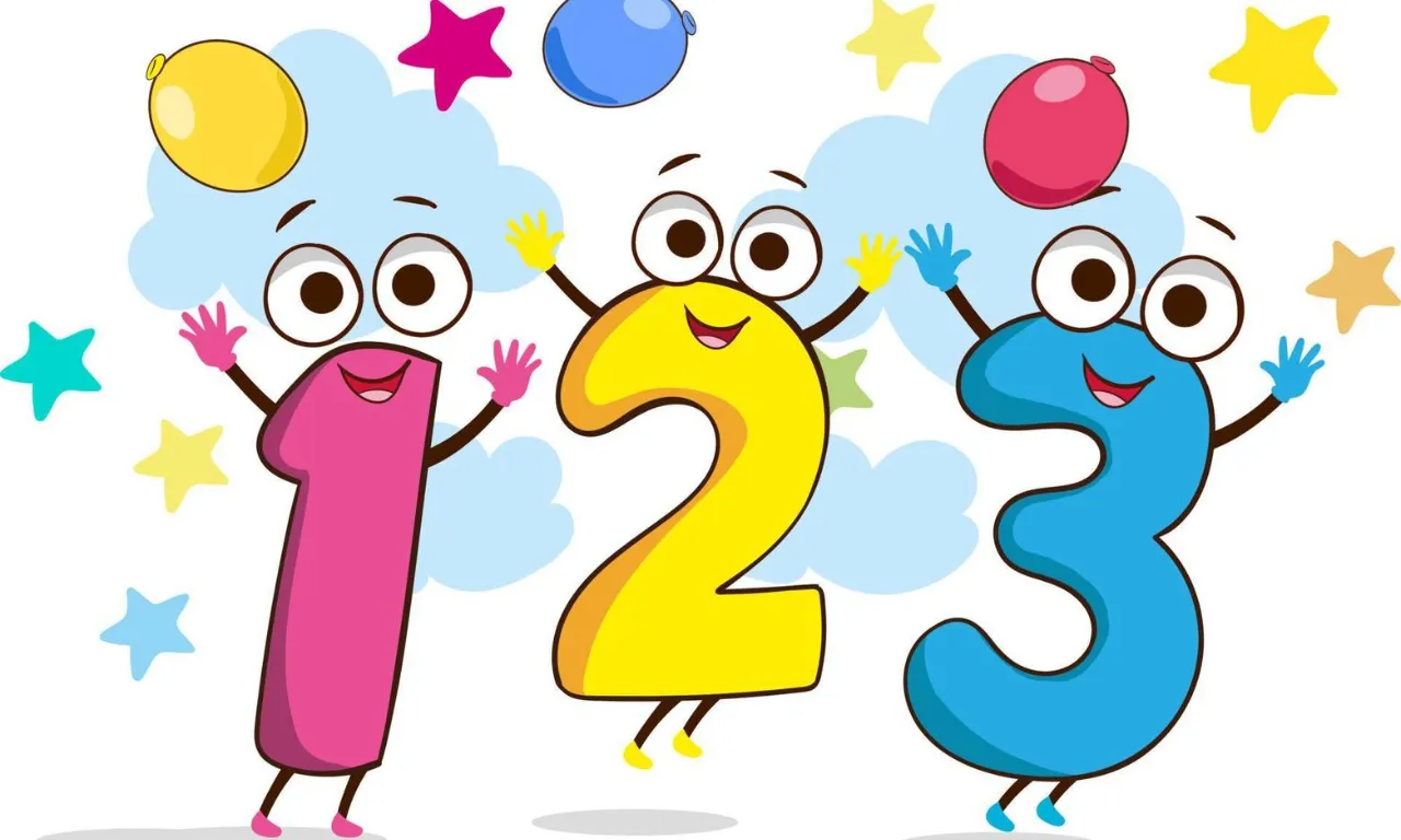 three cartoon numbers with faces and eyes are jumping in the air