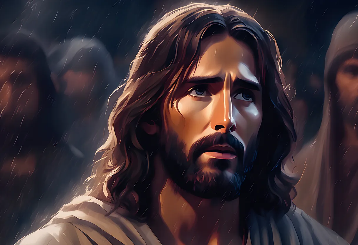 a painting of jesus in the rain