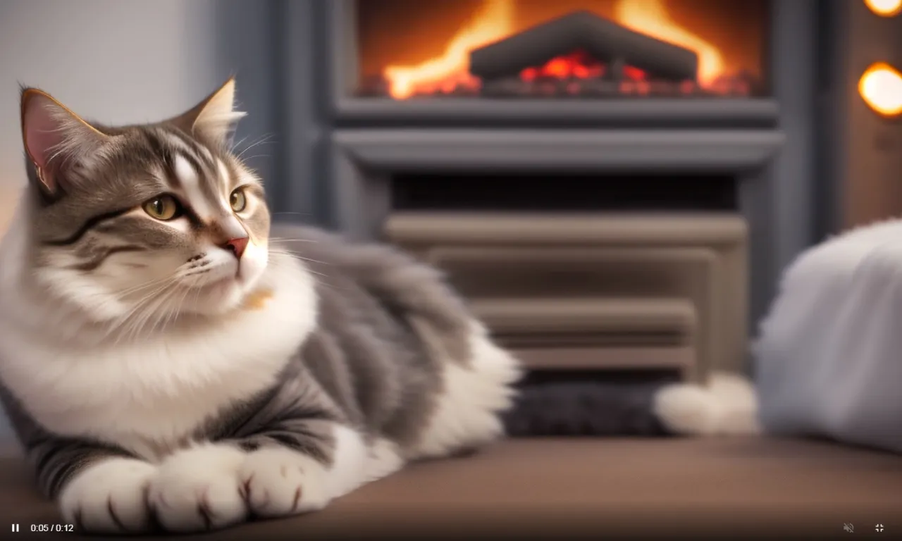 a cat sitting on a couch in front of a fire place