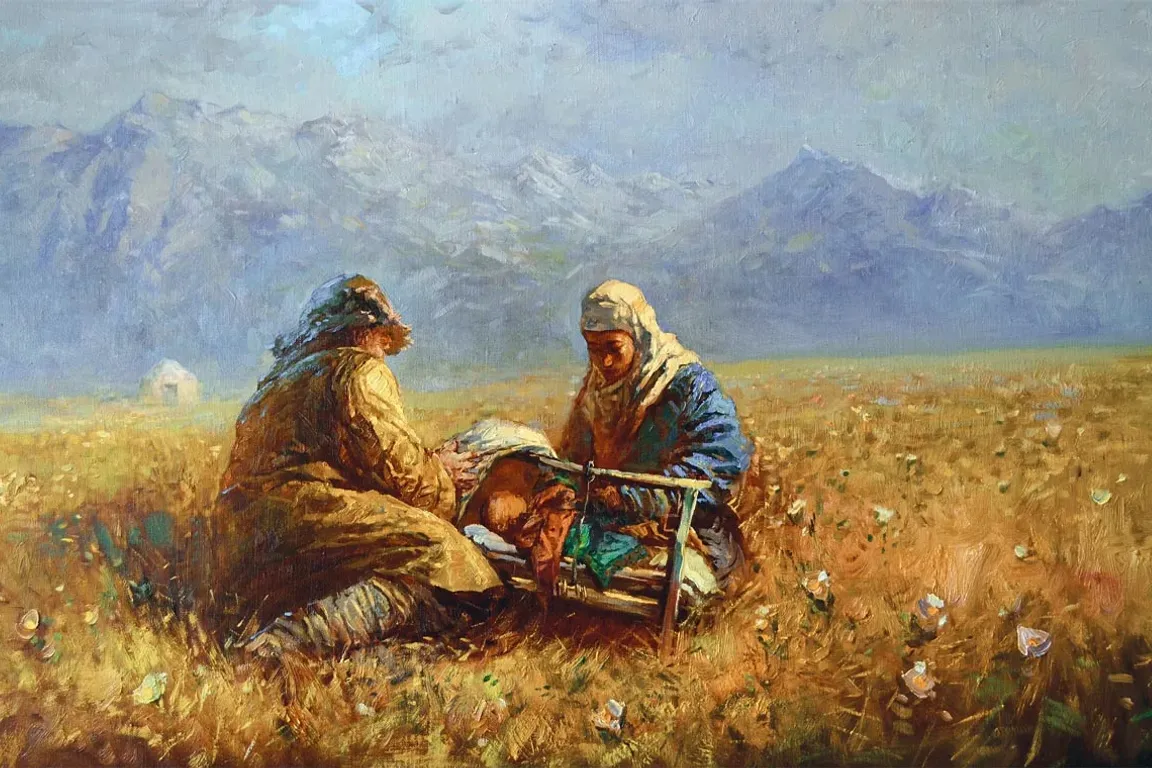 a painting of two people sitting in a field