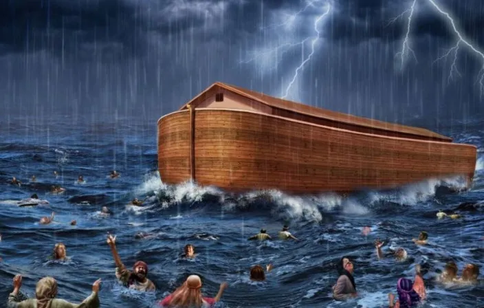 Noah Ark boat in the middle of a storm with people swimming