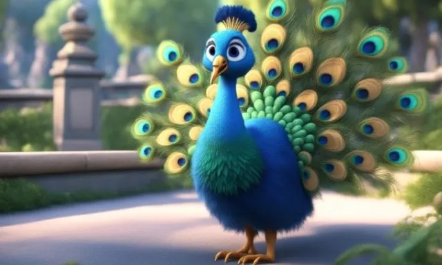 a blue bird with a large tail dancing on a sidewalk