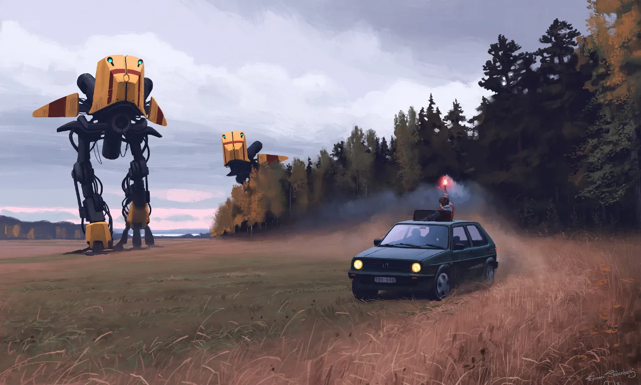 a parked car on a dirt road next to a tall robot walking toward the car in the day time  8k realistic