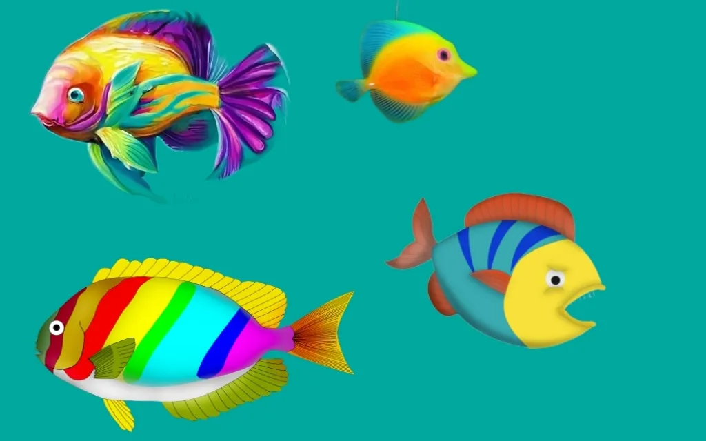 a group of different colored fish on a blue background