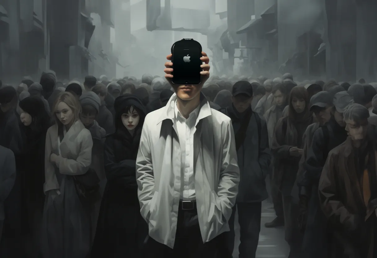 a man with phone-head in front of a crowd of people