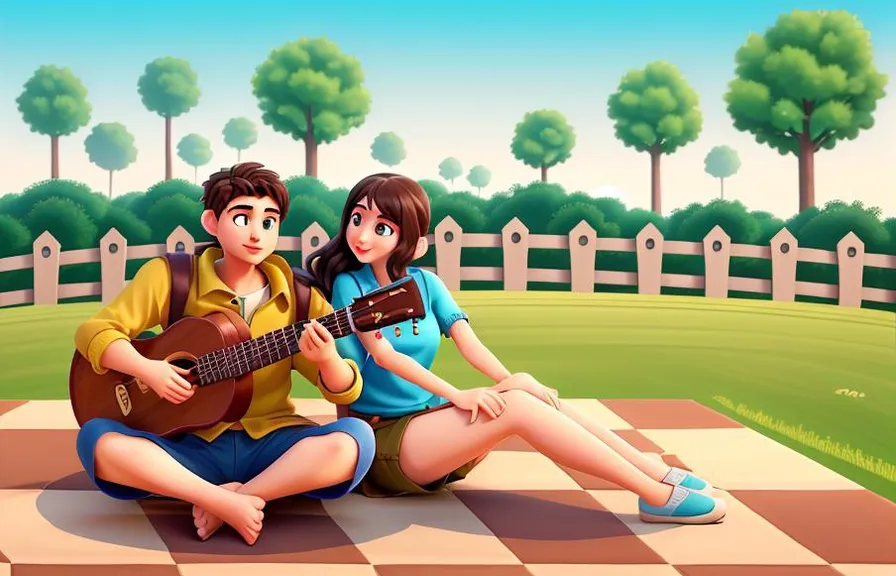 a boy and a girl sitting on a checkered floor playing the guitar