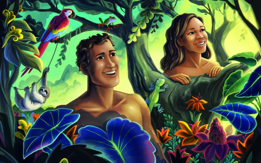 a painting of a man and a woman surrounded by tropical plants