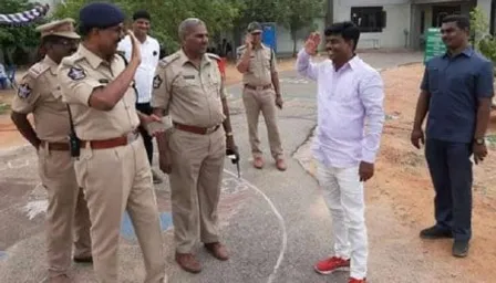 Two people; one wearing khaki pants and baseball cap, sharing an event with friendly conversation