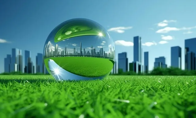 a glass ball sitting on top of a lush green field