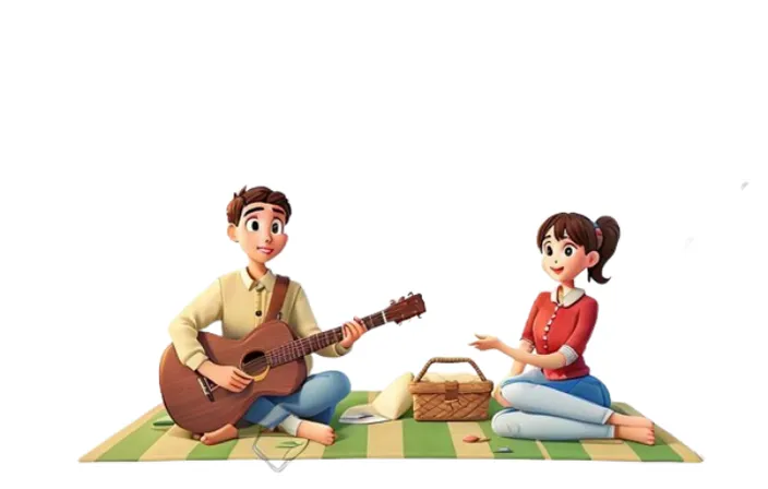 a man and a woman sitting on the ground playing guitar