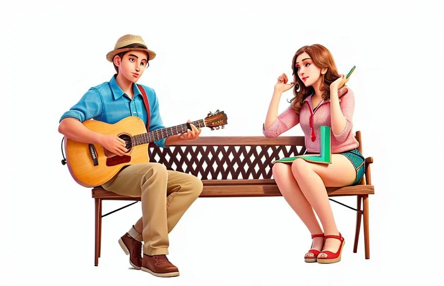 a man and a woman sitting on a bench with a guitar