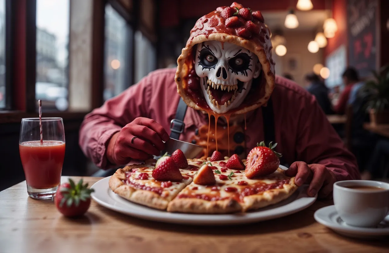 a man in a skeleton mask eating a pizza. His eyes are sparkling. Strawberry juice flows down like blood. All in bright neon lights