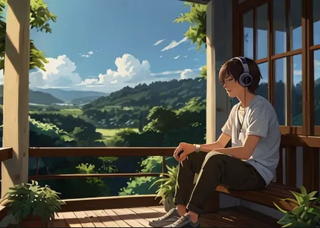 a man sitting on a porch with headphones on