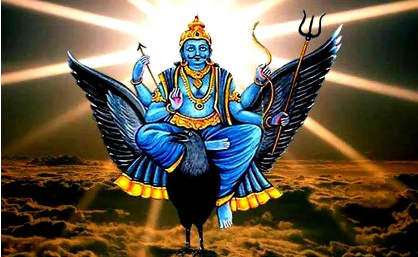 a painting of a hindu god shani dev sitting on top of a bird