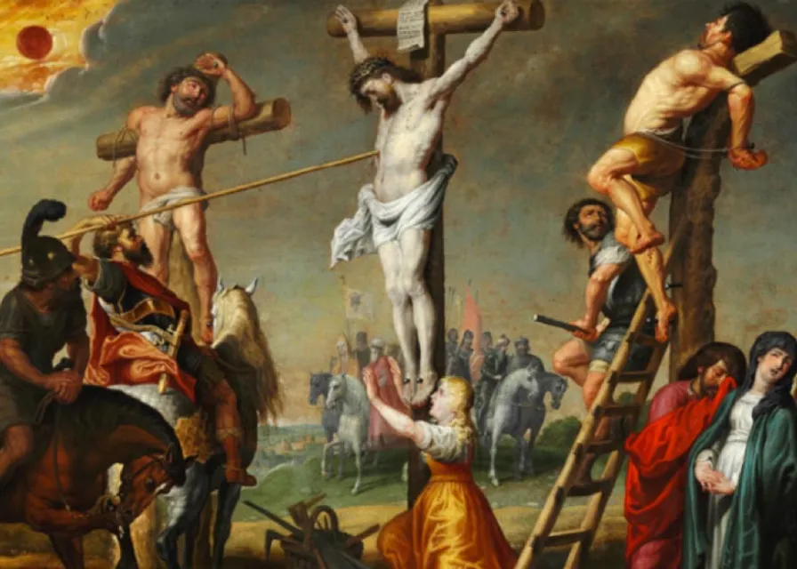 a painting of a crucifix with a group of people around it