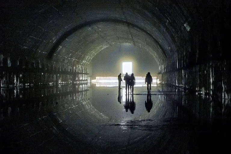 a group of people standing in a dark tunnel