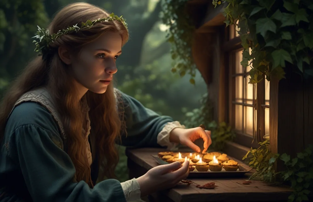 a woman lighting candles in a forest setting