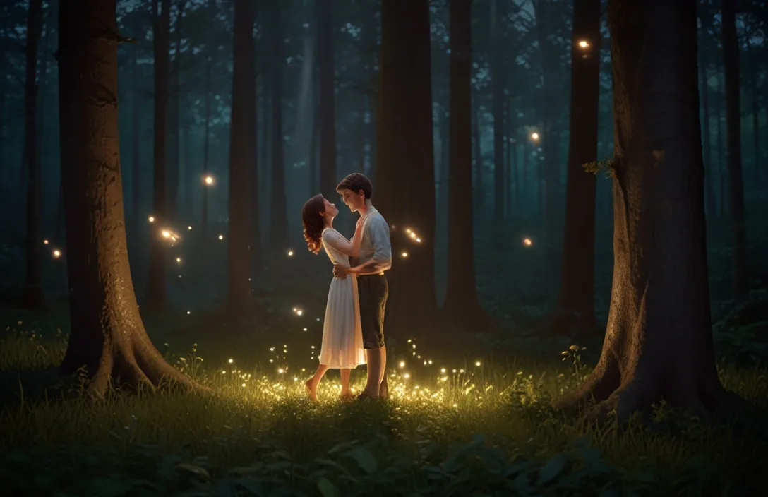 a man and a woman standing in a forest with fairy lights