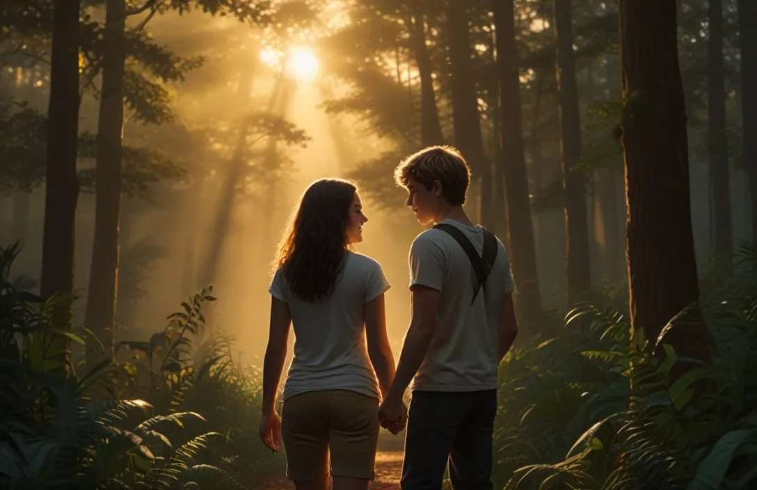 a couple walking through a forest holding hands