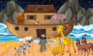 a group of animals standing in front of a boat