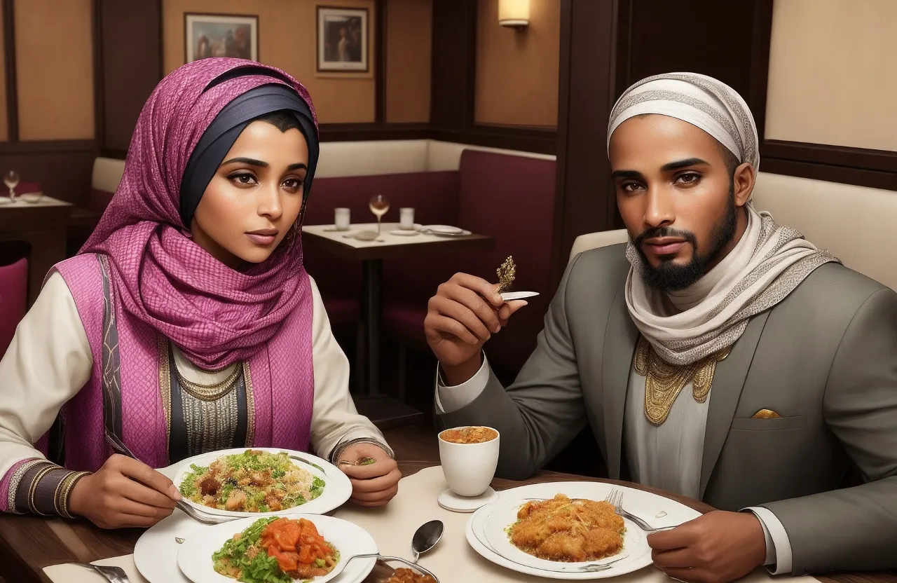 a man and woman sitting at a table with plates of food, having a dinner date