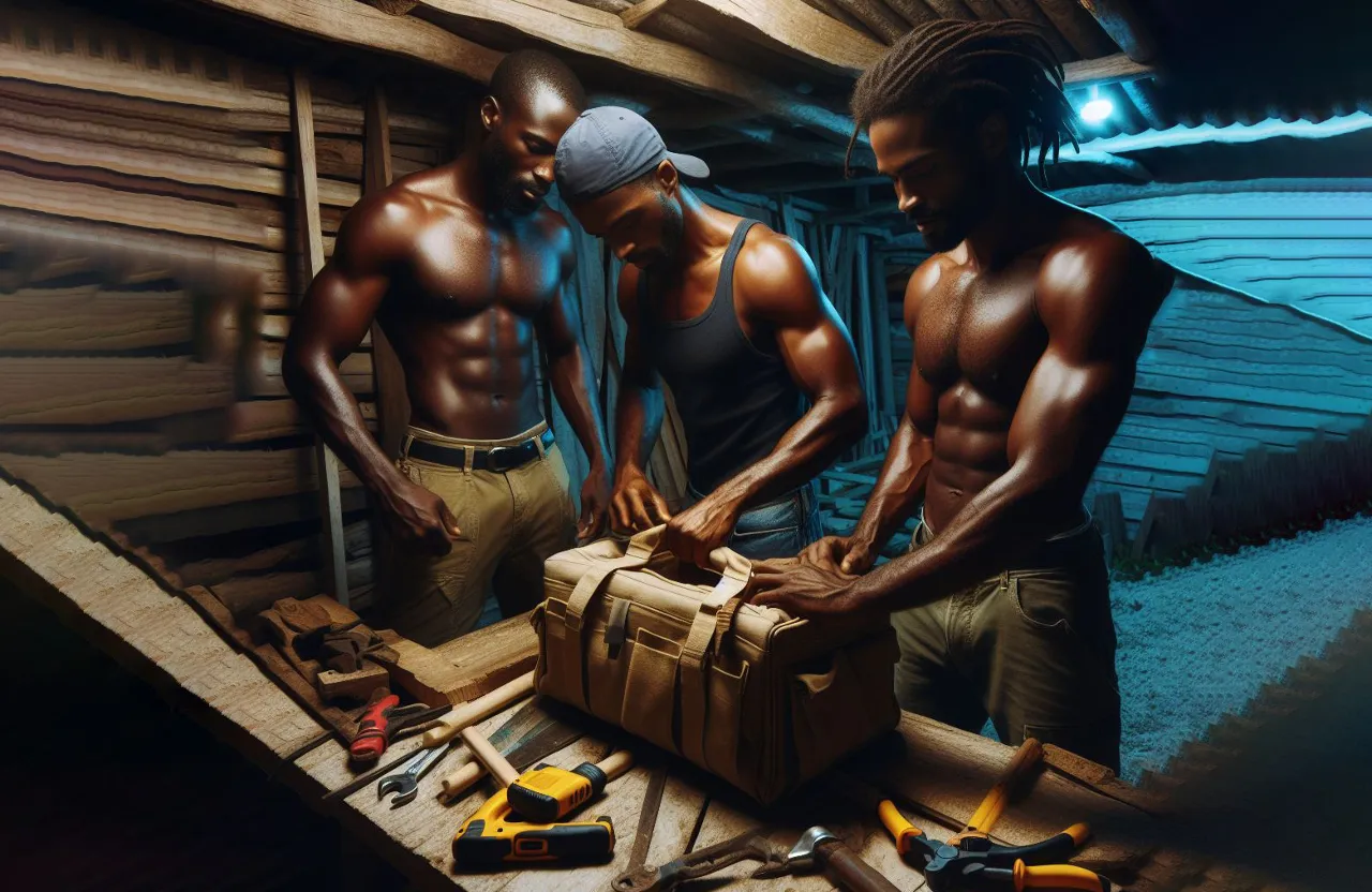 a group of men packing tools into a bag