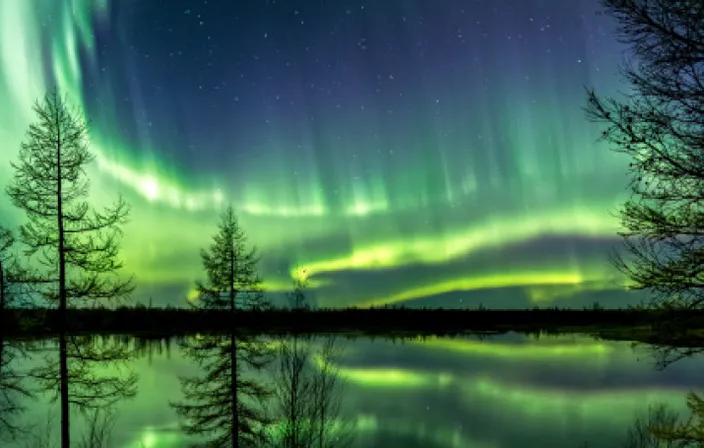 a green and purple aurora bore over a lake