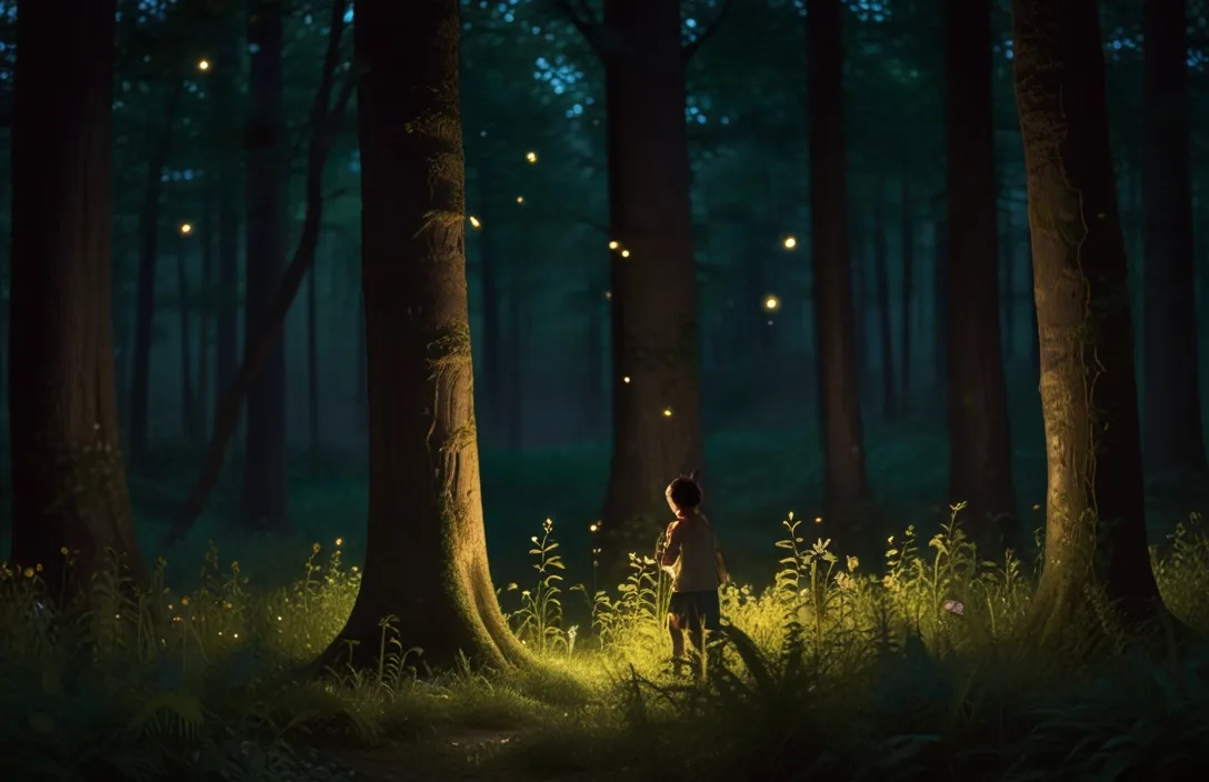 a person standing in the middle of a forest at night