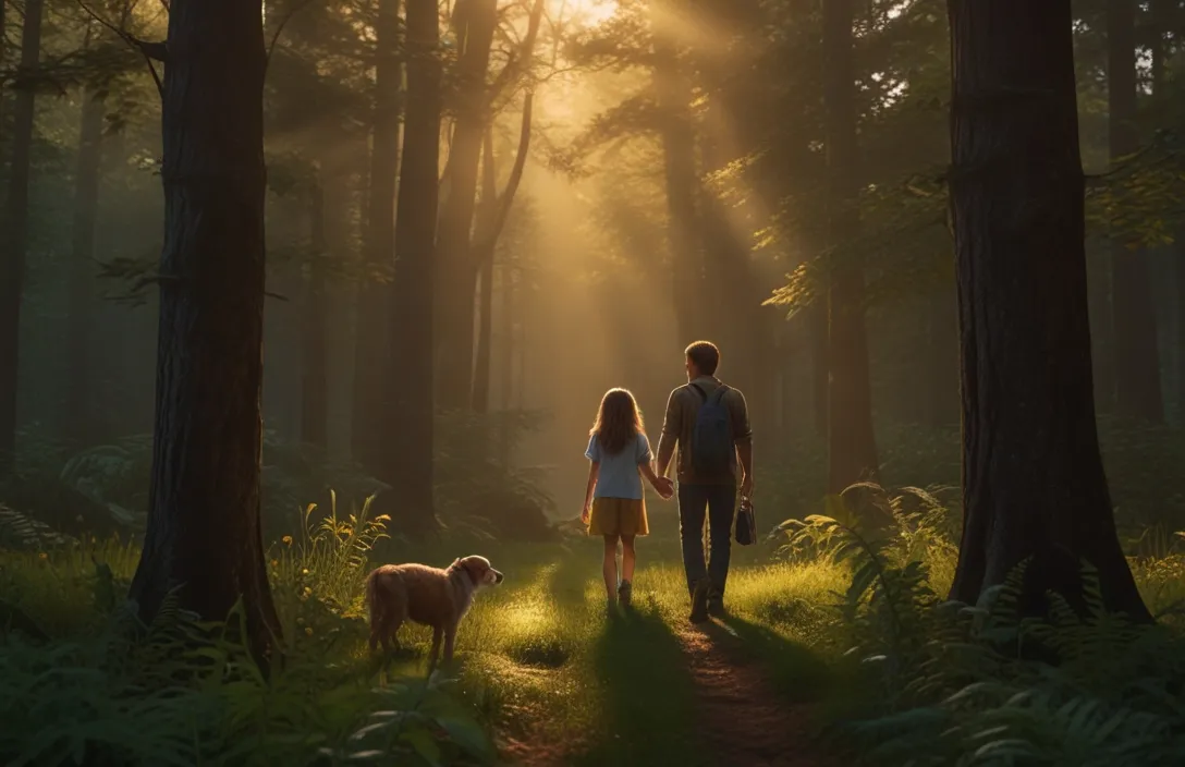 a man and a woman walking through a forest holding hands