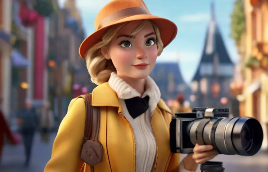 a woman in a yellow coat and hat holding a camera