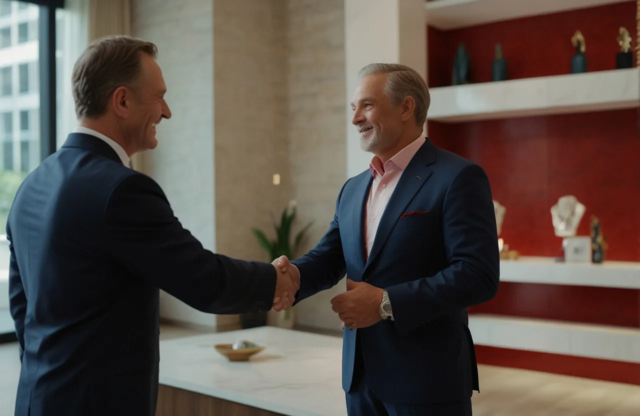 client interactions, the camera focuses on a warm handshake between a corporate representative and a satisfied client. They stand in a beautifully appointed showroom, surrounded by renderings of upcoming projects and samples of luxurious finishes. Prime lens. Close-up shot. RED Komodo 6K.