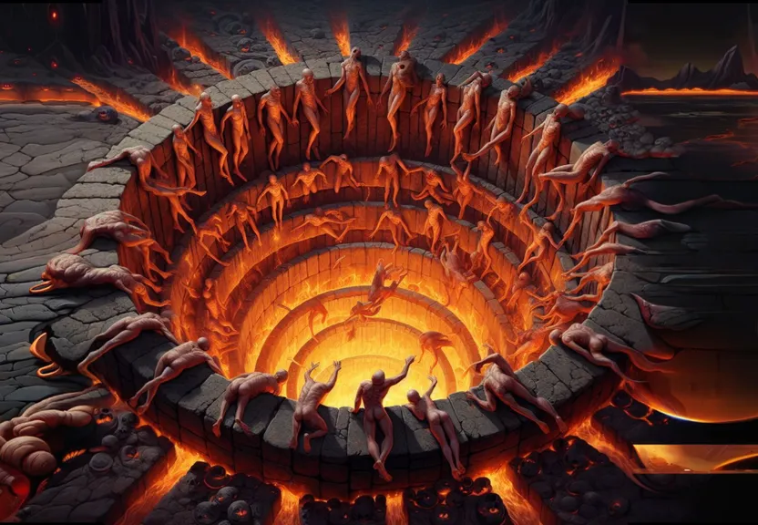 a group of people standing around a fire pit