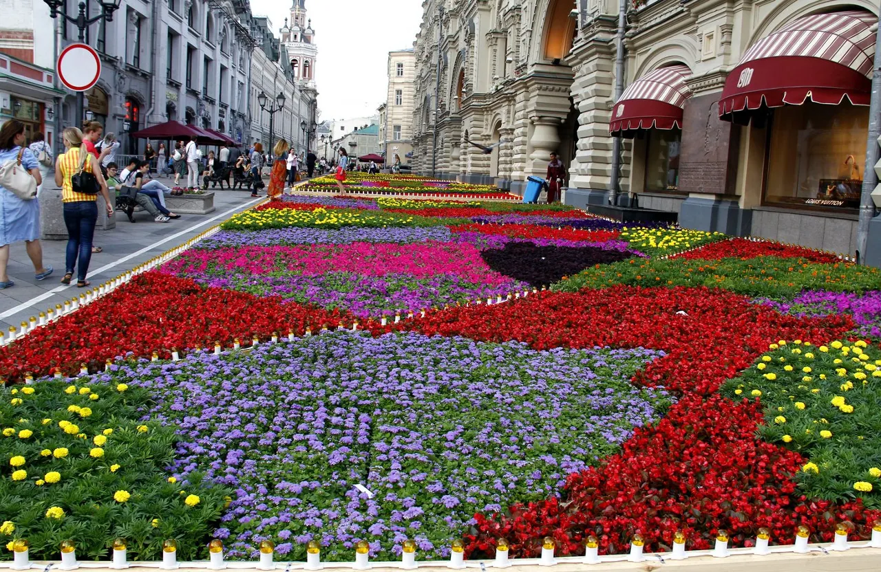 a large display of flowers on a city street