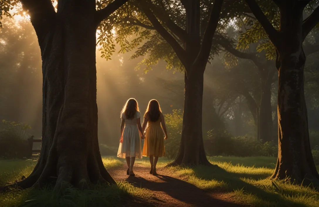 two girls walking down a path in the woods