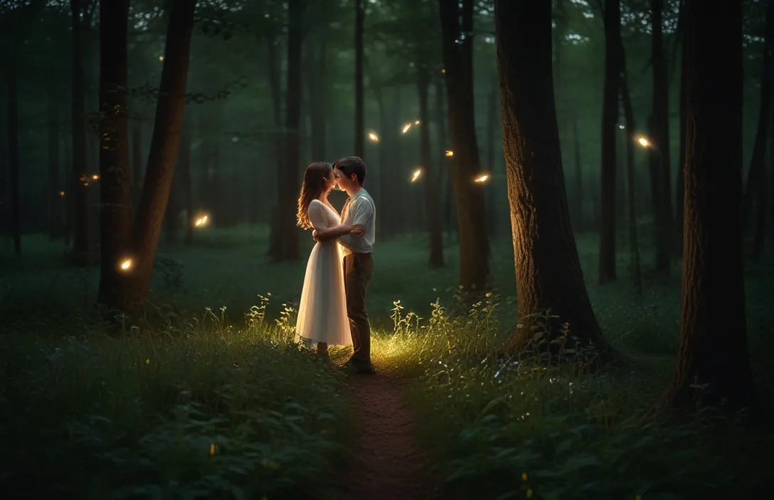 a man and woman standing in the woods at night