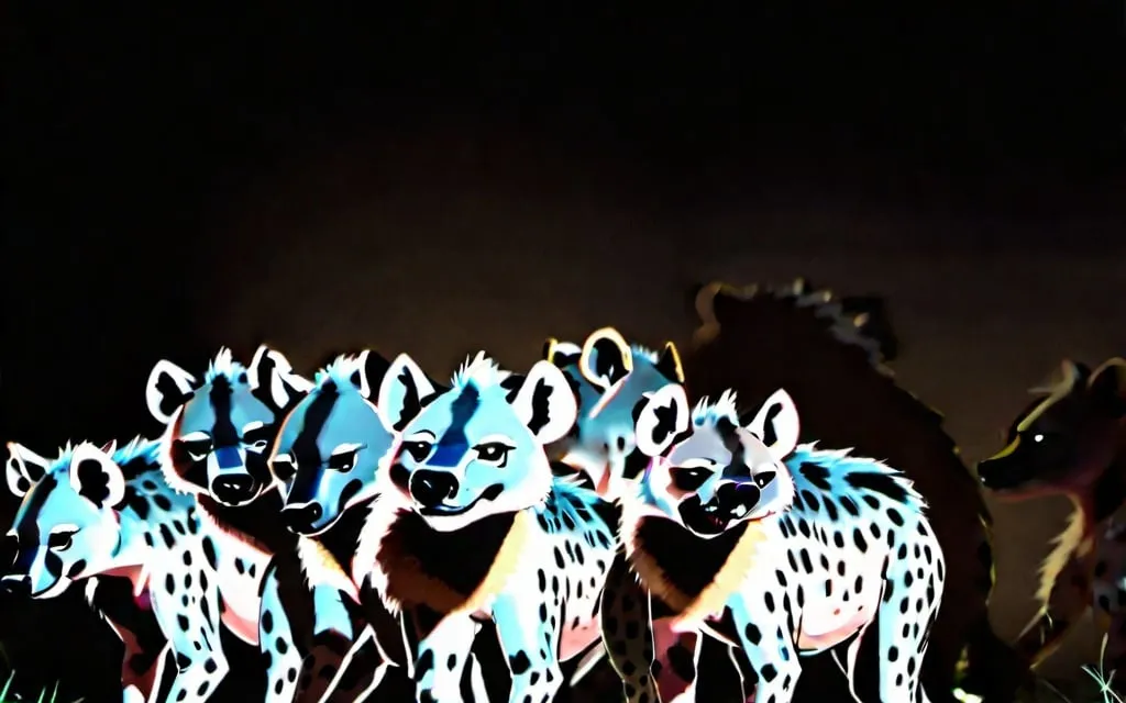 a herd of hyenas dancing near a watering hole