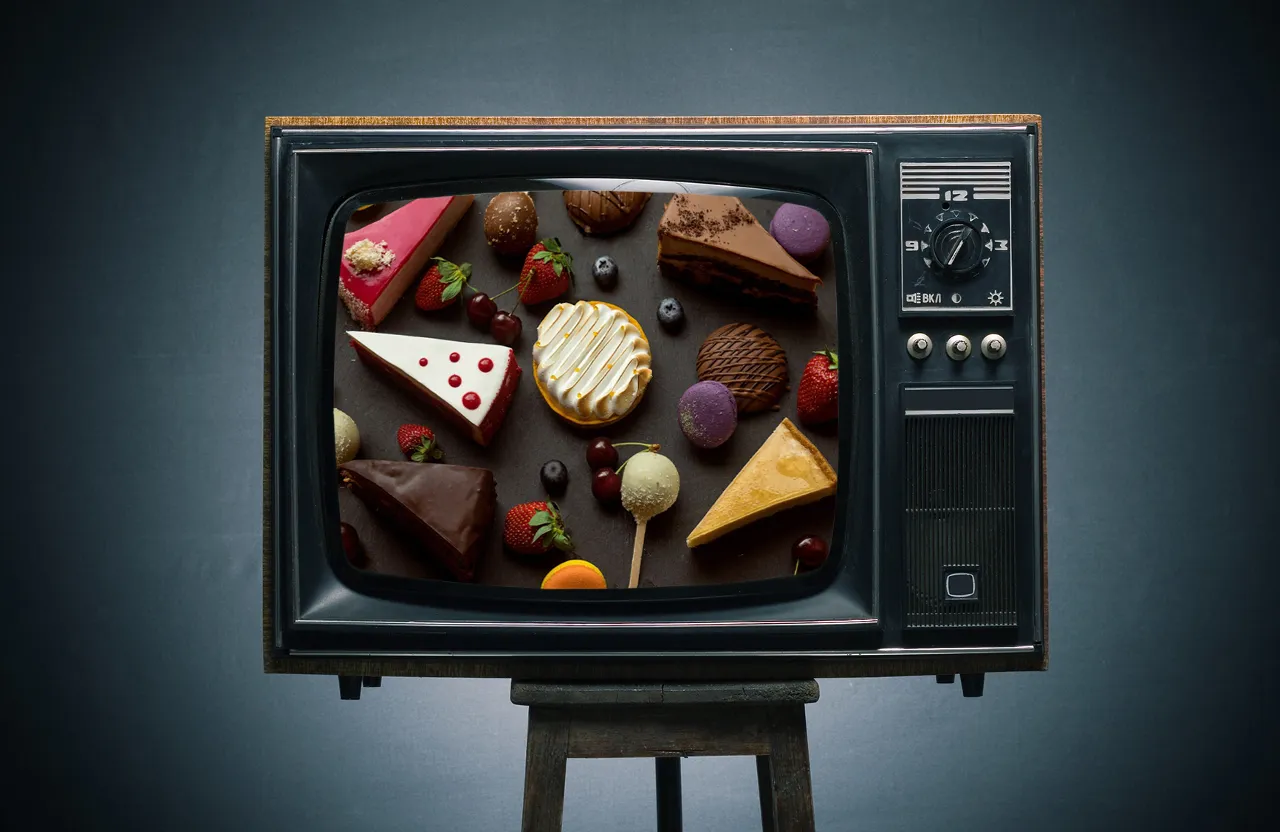 Static TV standing on a chair.  Sweet cakes and pies are being advertised.