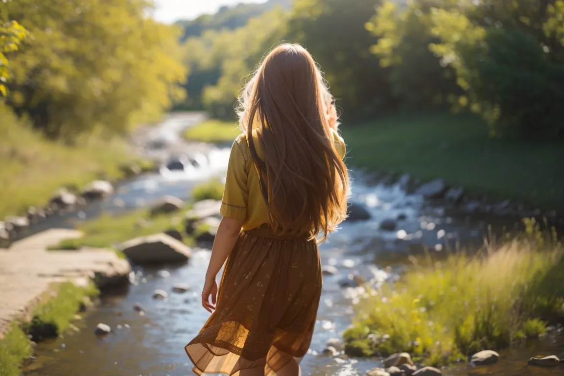 a woman in a yellow dress is walking by a stream