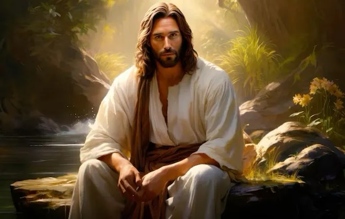 a painting of jesus sitting on a rock