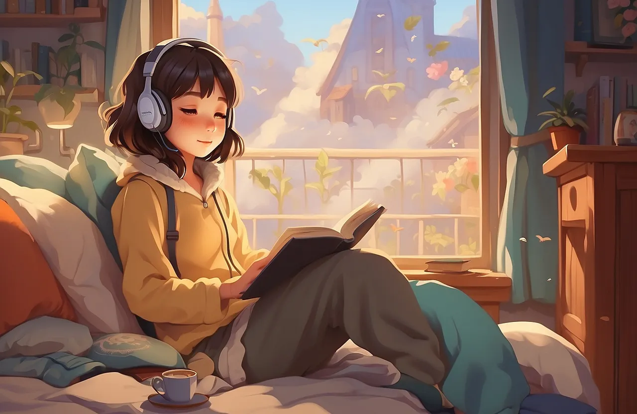 a girl sitting on a bed with headphones on reading a book