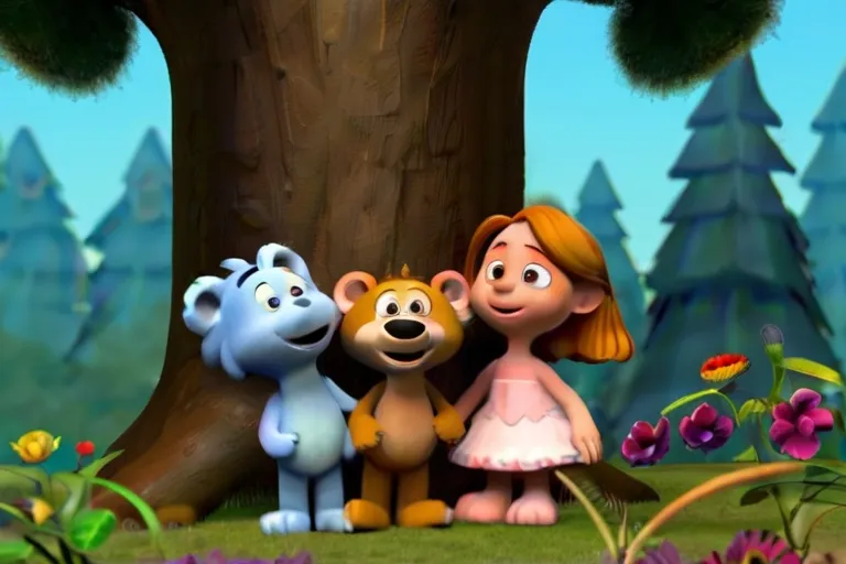 a group of cartoon characters standing ne"Together, Leo, Bella, Toby, and Rosie make up a friendship as strong and enduring as the trees themselves.""Join them on their adventures as they discover the true meaning of friendship and kindness."xt to a tree