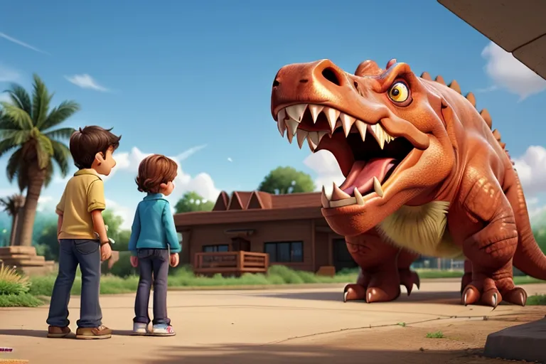  The kids step cautiously outside the time machine and find themselves face to face with a towering Tyrannosaurus Rex, its massive jaws open in a fearsome roar.