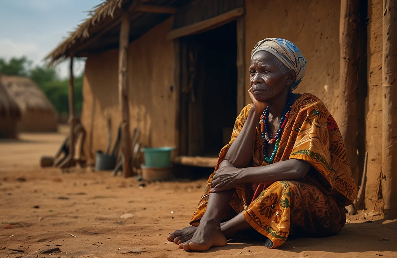 a woman sitting on the ground in front of a hut