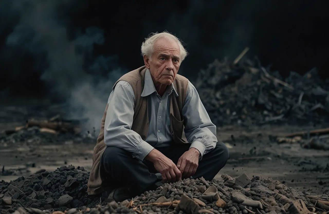 a man sitting on top of a pile of rubble