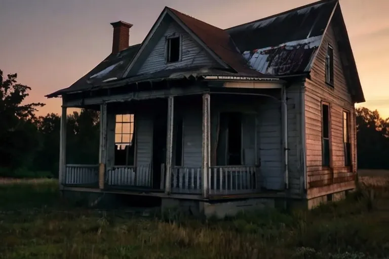  Exterior of the old, abandoned house at dusk.
