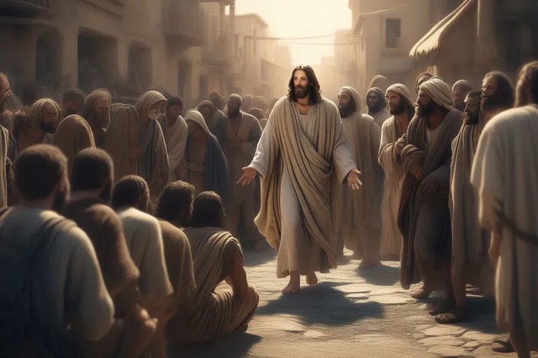 jesus walking through a crowd of people